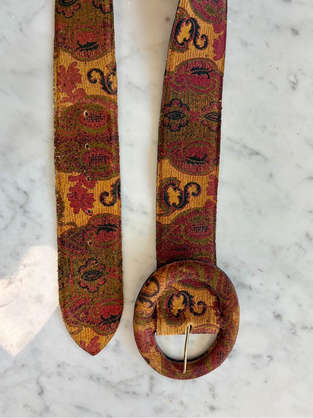 Jenny& The Boys Leather & Tapestry Paisley 2” W Belt, Oval Buckle, brown/grn, M - Picture 4 of 8